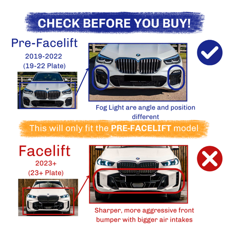 A car comparison image warns to check before buying, highlighting two models: "Pre-Facelift" (2019-2022) with fog light differences, and "Facelift" (2023+) with sharper bumpers. "This will only fit the PRE-FACELIFT model" is noted.