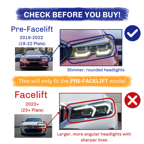 A comparison of car headlights is shown. "Pre-Facelift" 2019-2022 models have slimmer, rounded headlights, while "Facelift" 2023+ models feature larger, angular headlights. Text: and "This will only fit the PRE-FACELIFT model."