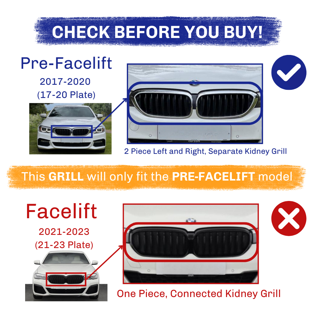 A comparison of car grills shows a "Pre-Facelift" model (2017-2020) with a two-piece grill and a "Facelift" model (2021-2023) with a one-piece grill. Text: This GRILL will only fit the PRE-FACELIFT model" with check and cross symbols indicating suitability.
