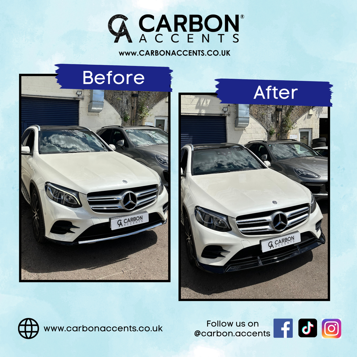 A white Mercedes-Benz car is shown in two side-by-side images labeled "Before" and "After." The car is parked outdoors with a building in the background. Visible text: "CARBON ACCENTS," "www.CARBONACCENTS.co.uk," "Follow us on @carbon.accents."