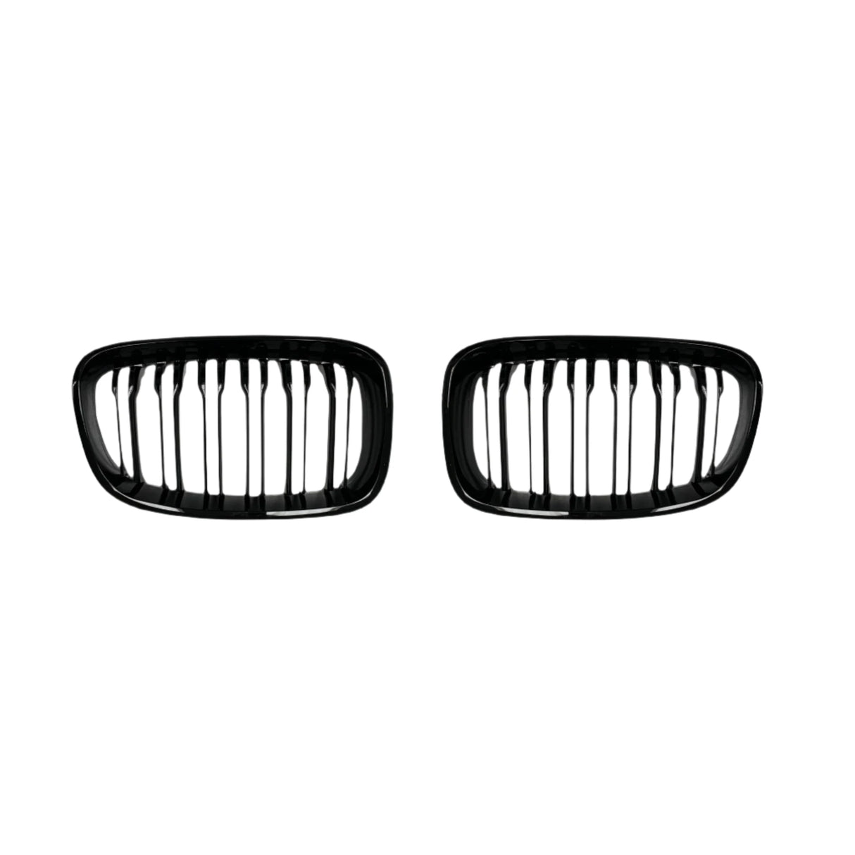 Two black, oval-shaped car grilles with vertical slats sit side by side against a plain white background, suggesting automotive components for vehicle front ends.