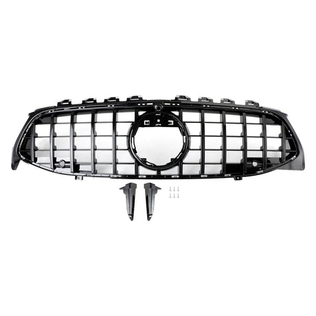 A black car grille with a large central circular opening and grid pattern, displayed against a white background. Below it are two mounting brackets and four screws.
