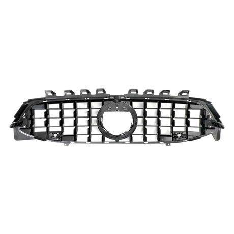 A black car grille features a grid pattern with a central circular opening, positioned against a plain white background.
