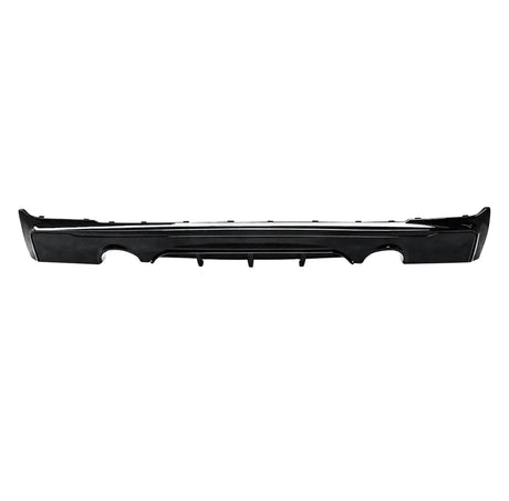 A sleek black car bumper with aerodynamic grooves shown against a white background, highlighting its streamlined design. The bumper has cutouts and contours, suggesting modern styling.