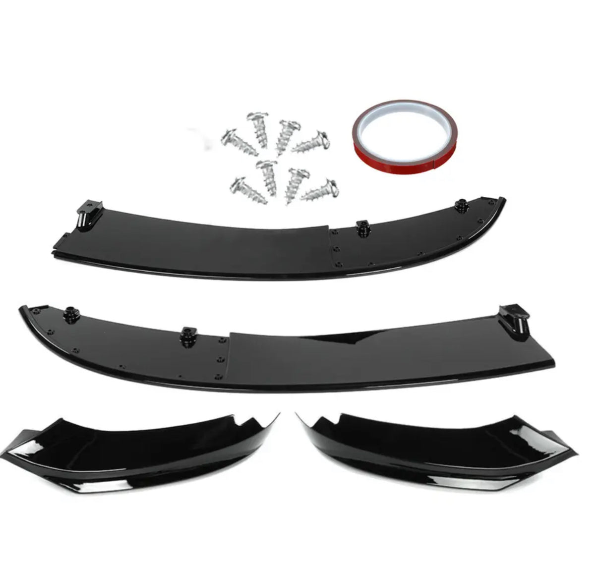 Black car bumper splitter kit with two curved panels, two smaller angular pieces, screws, and a roll of red tape; all arranged on a white background.