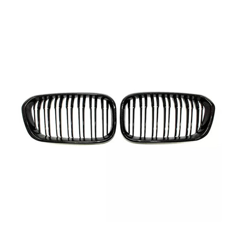 Two black car grilles with vertical slats are positioned side by side on a white background, suggesting they are replacement parts for specific vehicle models.
