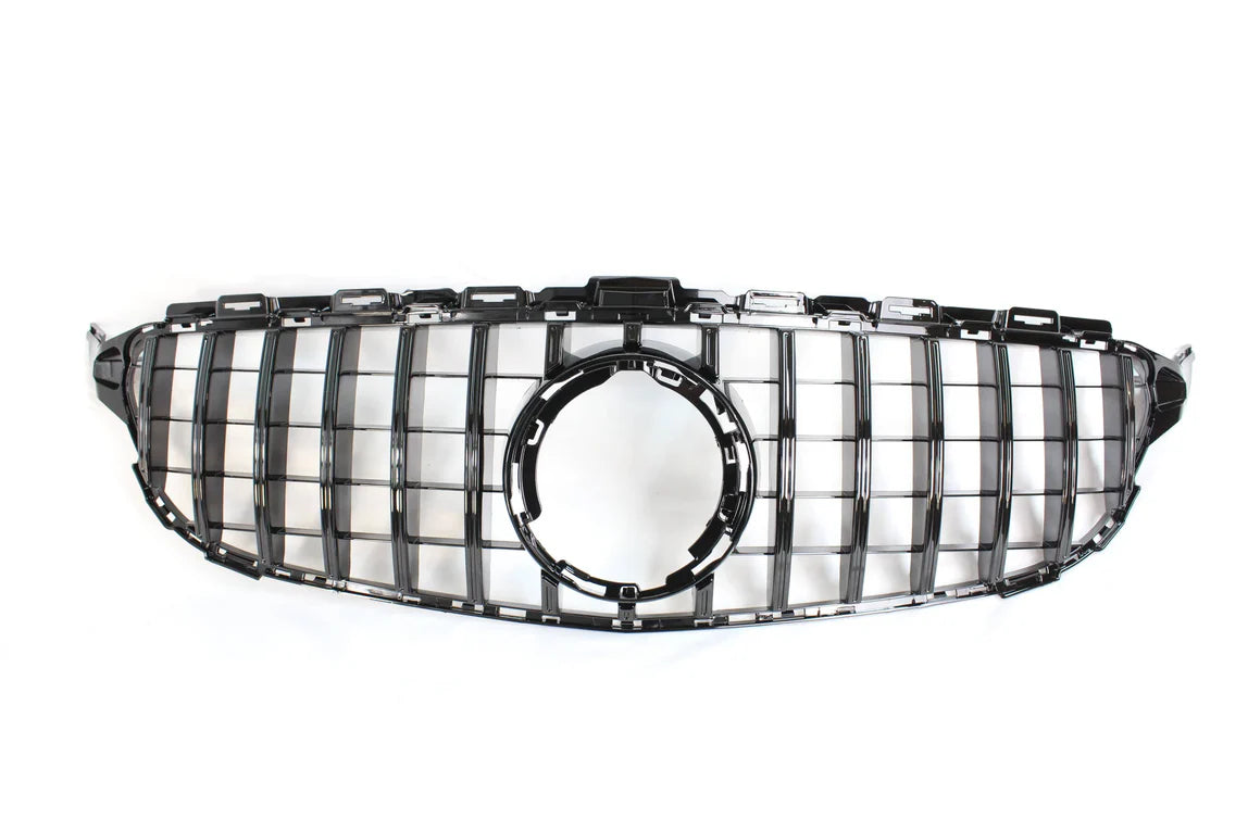 Shiny black car grille with vertical and horizontal slats features a central circular opening, staged against a plain white background.