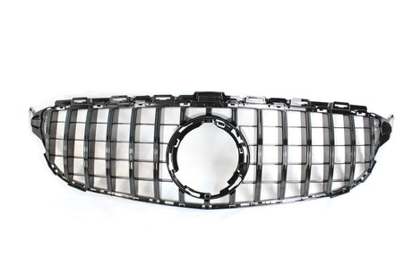 Shiny black car grille with vertical and horizontal slats features a central circular opening, staged against a plain white background.