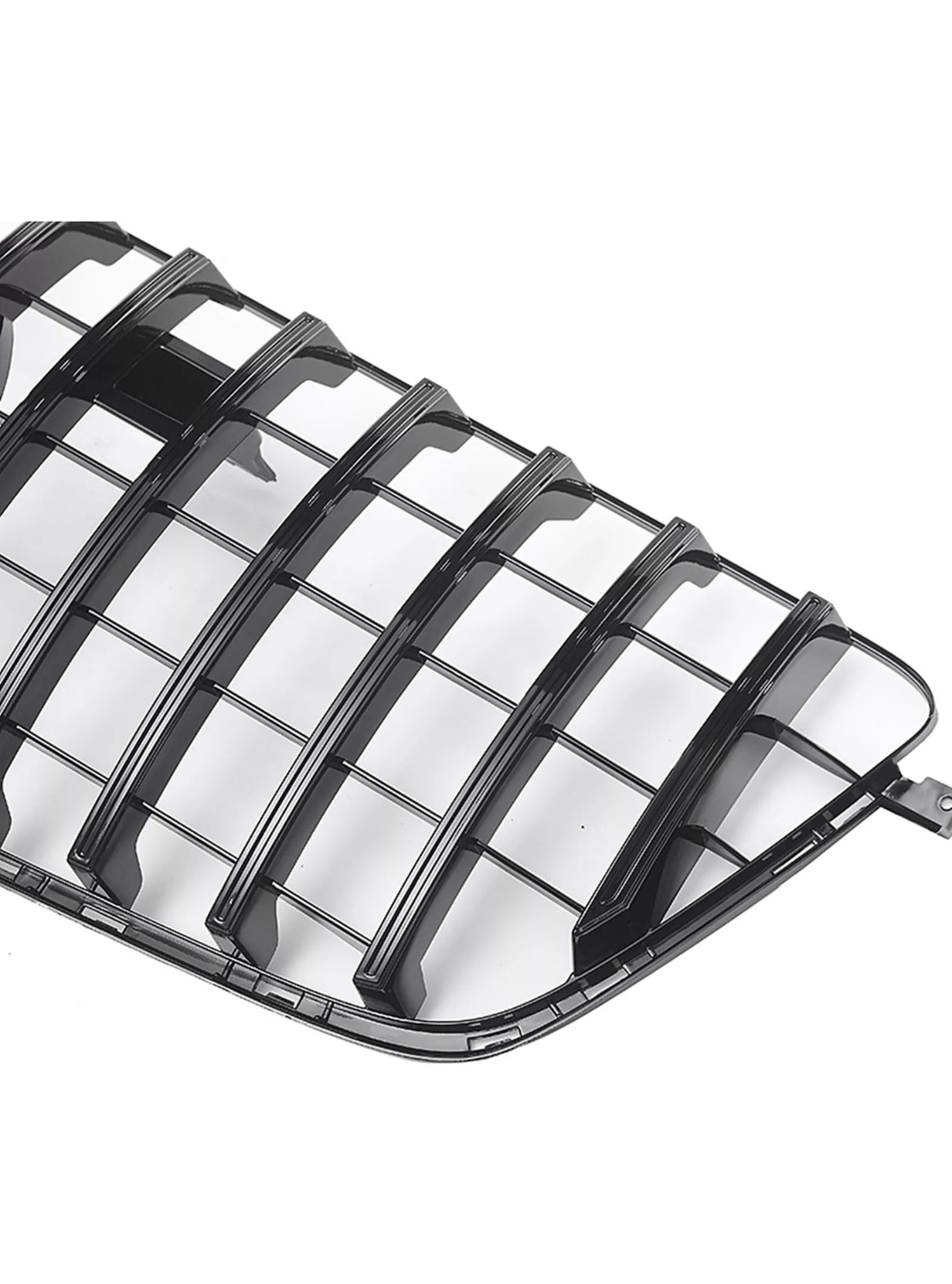 Black car grille with horizontal slats, angled diagonally, on a white background. The grille features a simple design with shiny reflective surfaces.