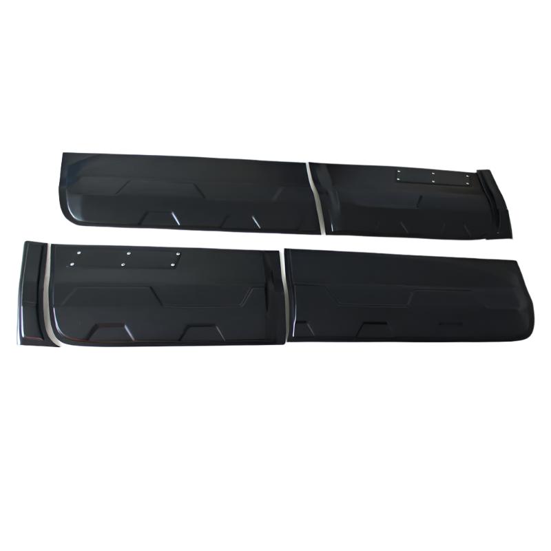 Black car door panels lie arranged side by side on a white background, showcasing their geometric patterns and design.