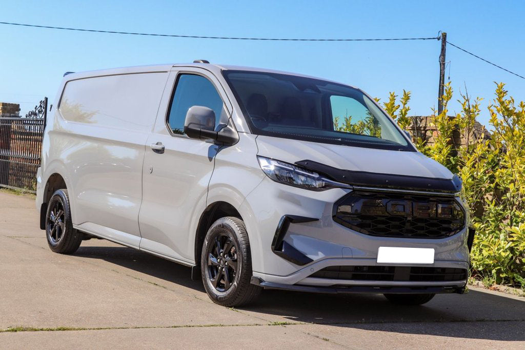 A silver van is parked on a concrete surface beside a metal fence and green shrubs. The sky is clear and blue, and the license plate area is blank.
