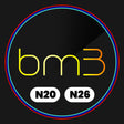 The image features the text "bm3" in yellow and orange, centered on a black background. Below it are two white ovals with "N20" and "N26." A colorful double border surrounds it.