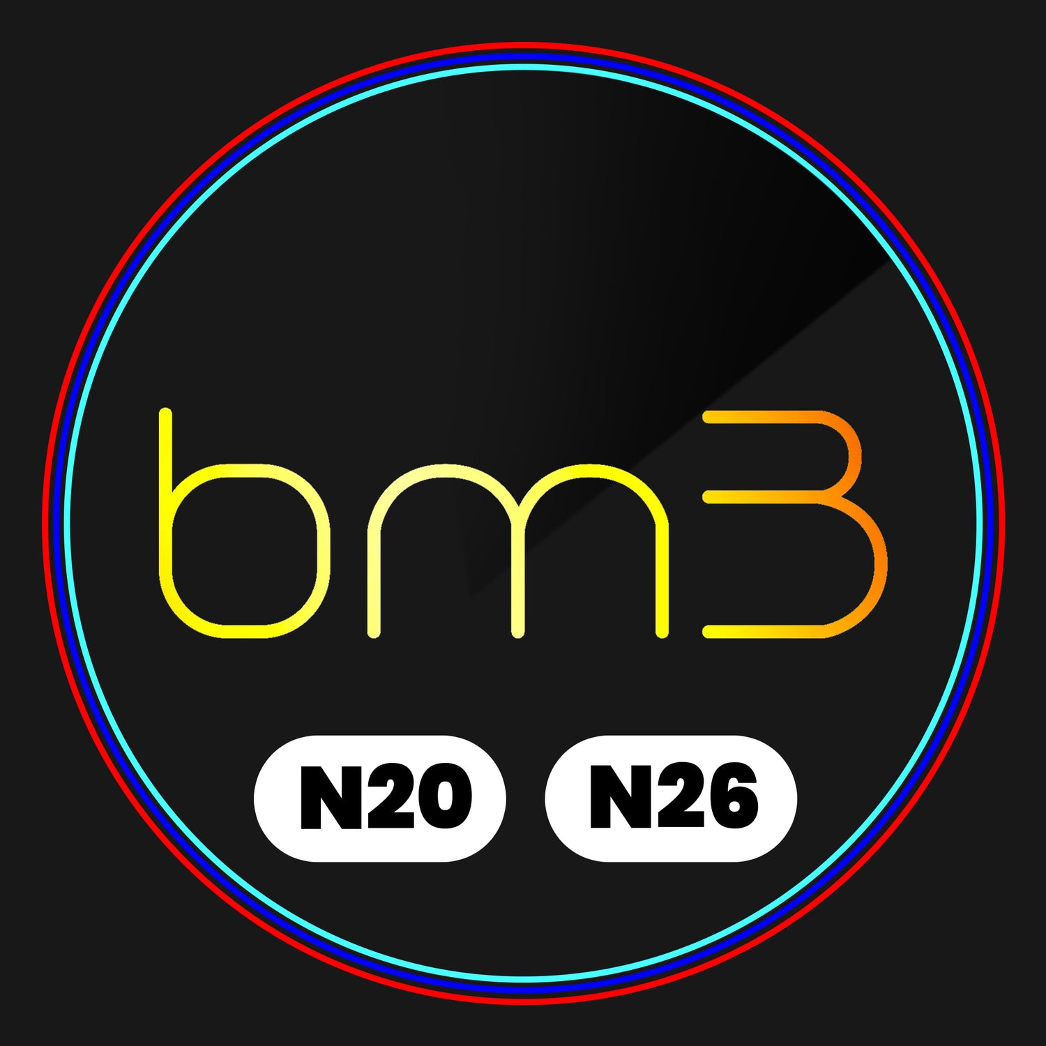 The image features the text "bm3" in yellow and orange, centered on a black background. Below it are two white ovals with "N20" and "N26." A colorful double border surrounds it.