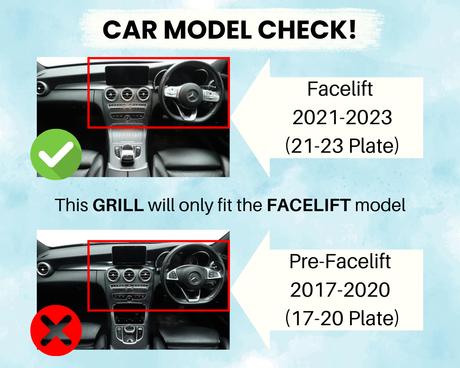 Car dashboard comparison; the facelift model (2021-2023) fits a specific grill, marked with a green check. The pre-facelift model (2017-2020) is marked with a red cross. Text: "CAR MODEL CHECK! This GRILL will only fit the FACELIFT model, Facelift 2021-2023 (21-23 Plate), Pre-Facelift 2017-2020 (17-20 Plate)."