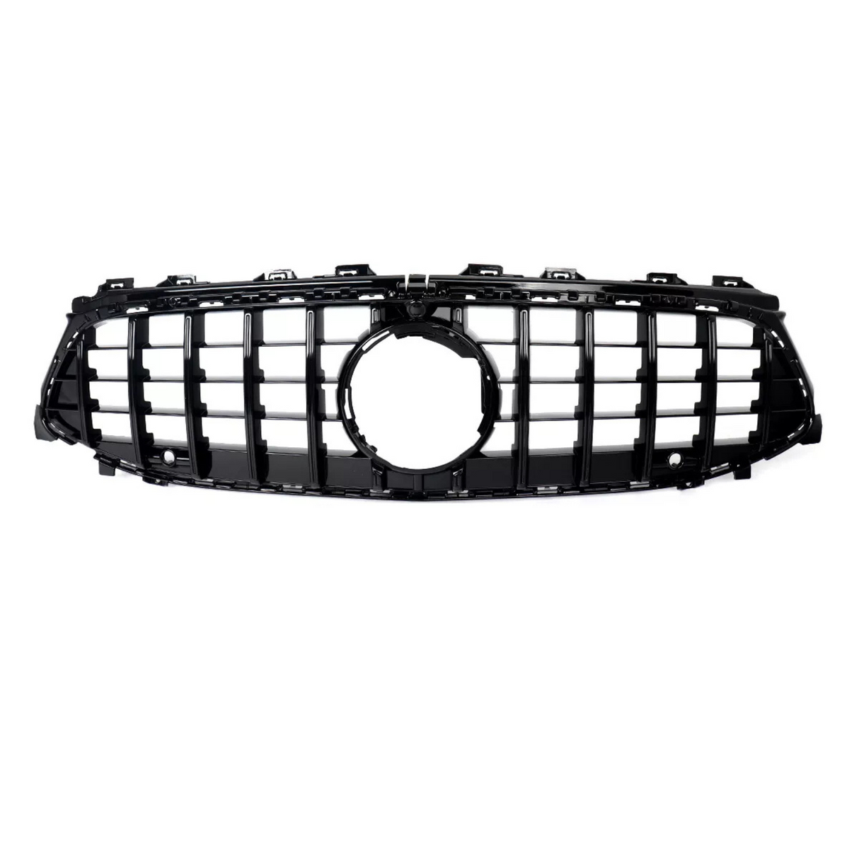 A black car grille with a grid pattern, featuring a central circular emblem area, is set against a plain white background.