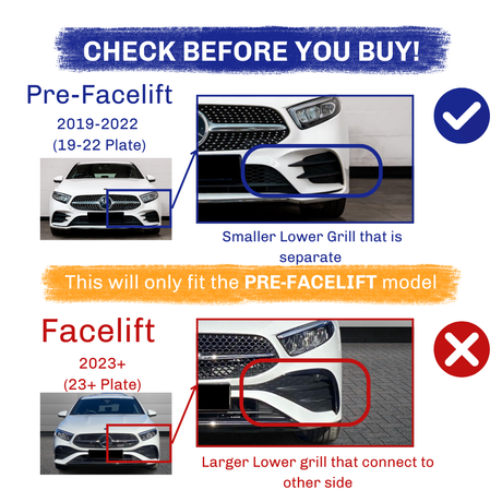 A comparison between car models shows grille design differences: "Pre-Facelift" (2019-2022) has a separate smaller lower grille, while "Facelift" (2023+) features a connected larger grille. Text:  This will only fit the PRE-FACELIFT model; Smaller Lower Grill that is separate; Larger Lower grill that connect to other side."