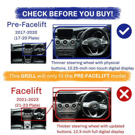 Pre-facelift and facelift car interior comparison. Pre-facelift (2017-2020) features thinner steering wheel, physical buttons, 10.25-inch display. Facelift (2021-2023) features thicker wheel, updated buttons, 12.3-inch display. Text advises grill compatibility.