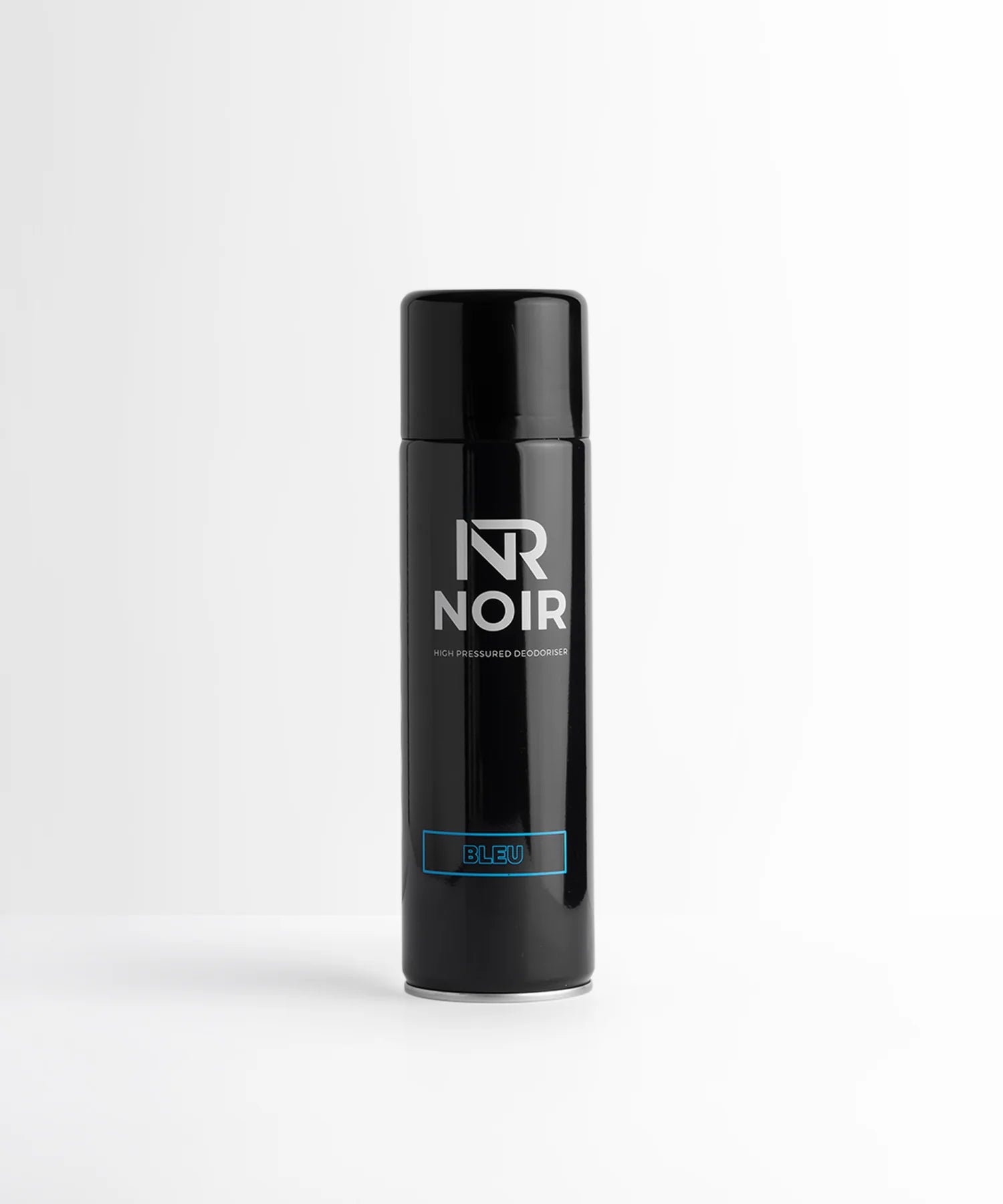 A sleek black aerosol can stands upright, labeled "NR NOIR" and "HIGH PRESSURED DEODORISER" with a "BLEU" section in blue. It's set against a plain white background.