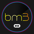 Logo with text "bm3" in gradient yellow-orange, centered on a black background. Enclosed by three concentric rings in red, blue, and cyan. Below, "B58" in bold on a white oval.