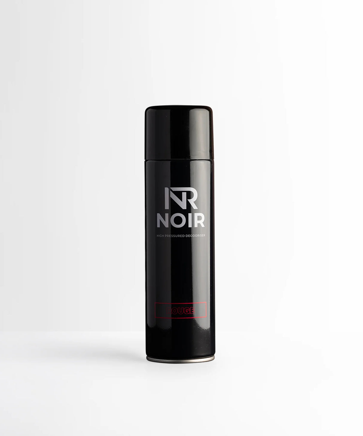 A black cylindrical aerosol canister labeled "NR NOIR HIGH PRESSURED DEODORISER" with the word "ROUGE" in red at the bottom, placed against a plain white background.