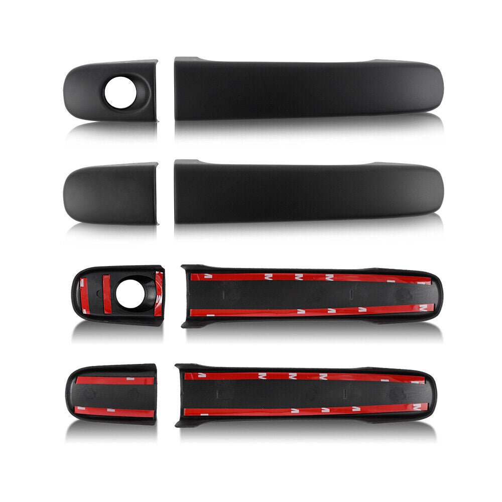Matte black door handle covers with adhesive strips are aligned horizontally; the bottom covers show red adhesive backing. They're meant for attachment to vehicle doors in an automotive context.