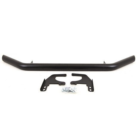 A black, tubular steel bar lies horizontally, accompanied by two mounting brackets and a small bag of screws, set against a plain white background.