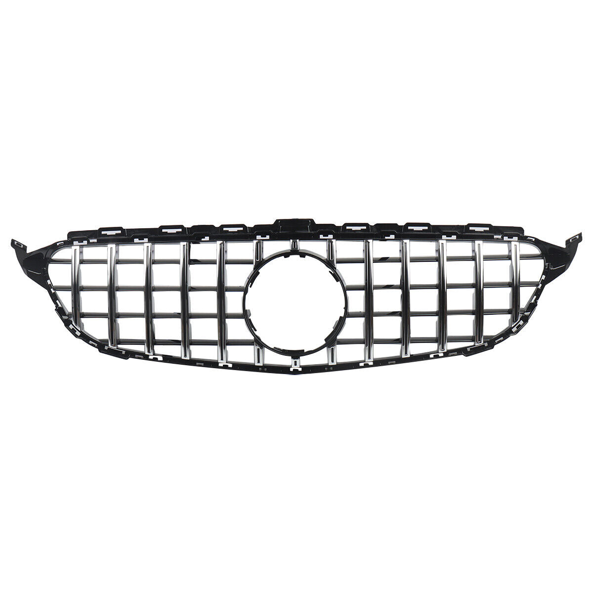 A black and silver car grille features vertical slats with a circular emblem cutout in the center, set against a plain white background.
