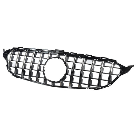 A glossy black car grille features vertical slats and a central circular opening. The grille is isolated on a plain white background.