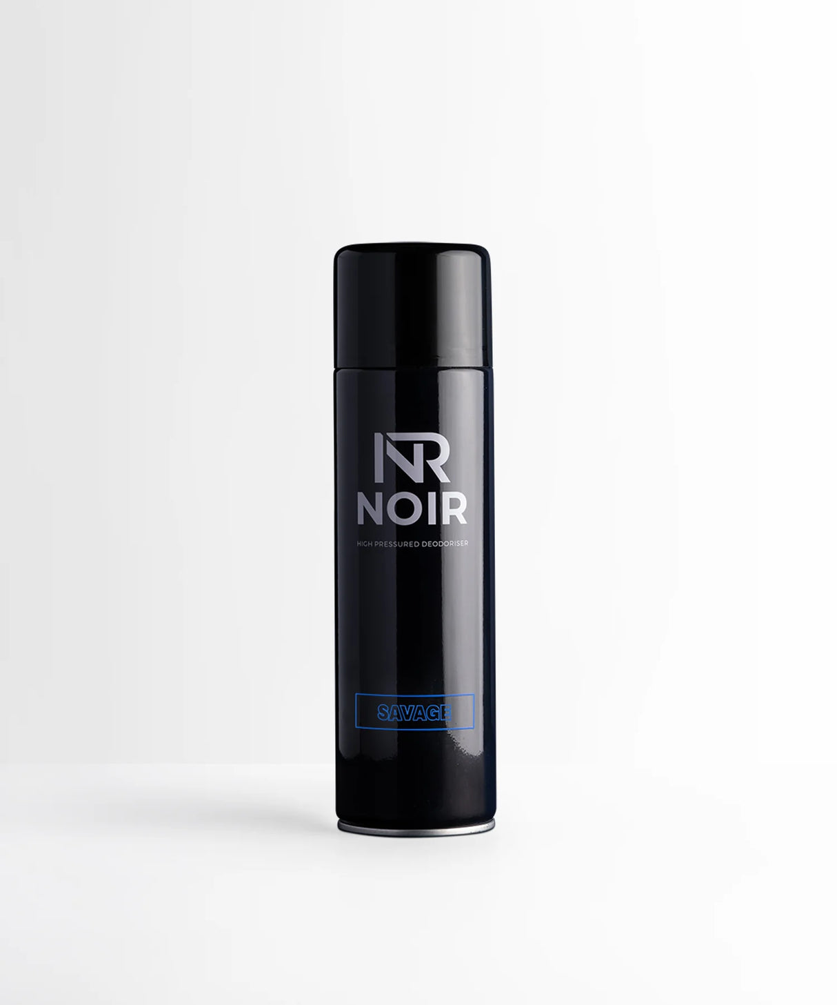 A sleek, dark cylindrical canister labeled "NR NOIR HIGH PRESSURED DEODORISER" and "SAVAGE" stands against a plain white background.