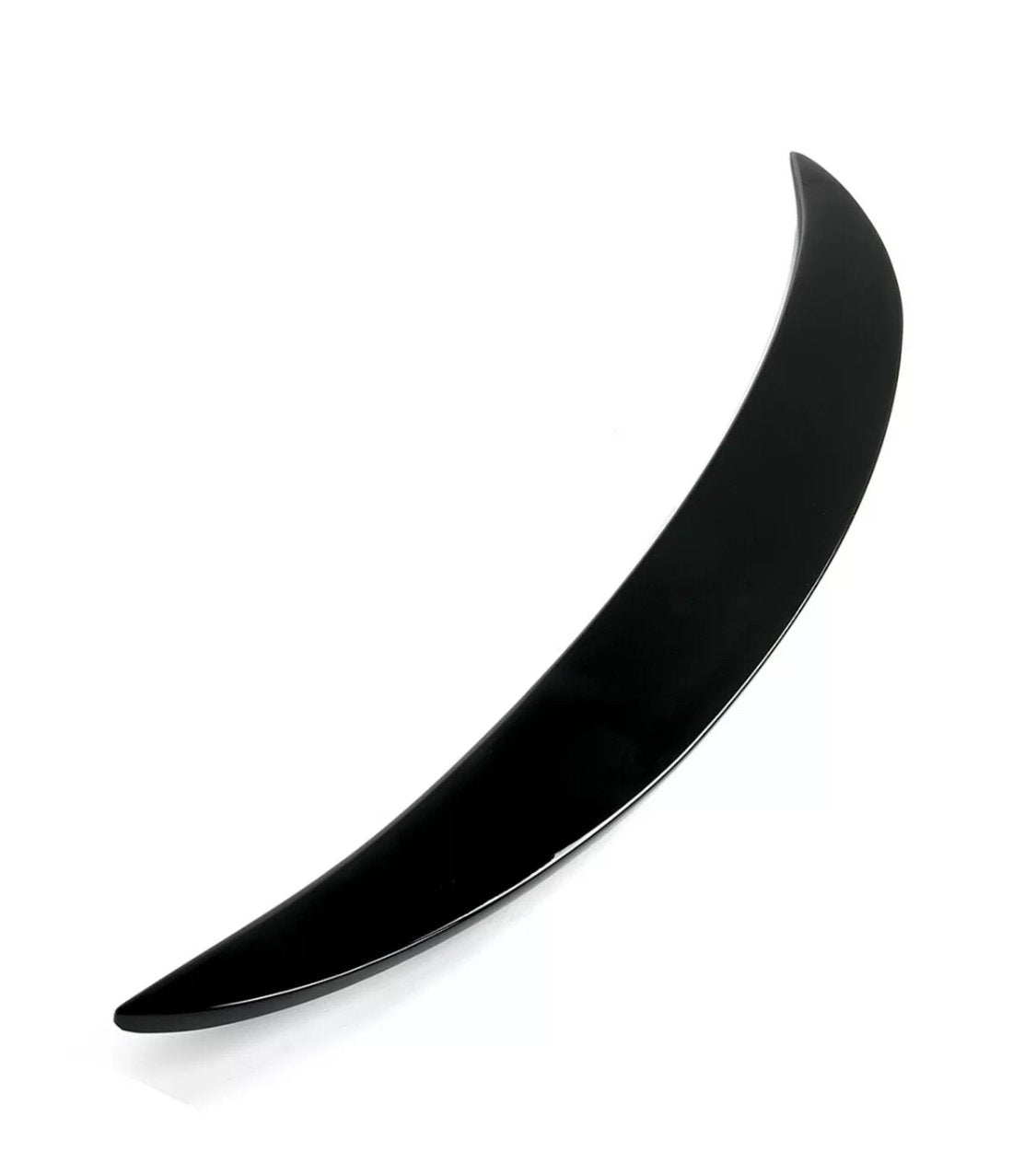 A sleek, black, curved object rests against a white background, resembling a crescent or boomerang shape, suggesting potential for aerodynamic purposes or decorative design.