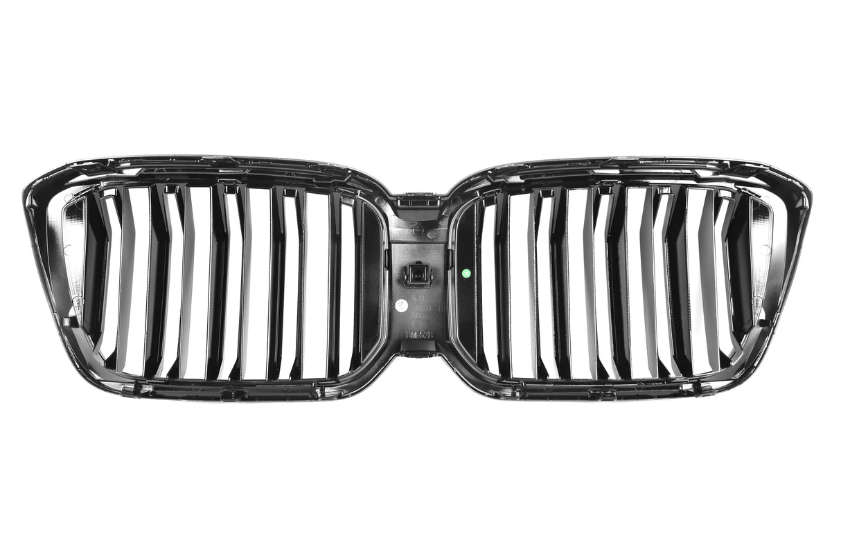 A dual-sectioned black car grille features vertical slats, symmetrically split at the center. It's isolated on a white background, highlighting its glossy finish.