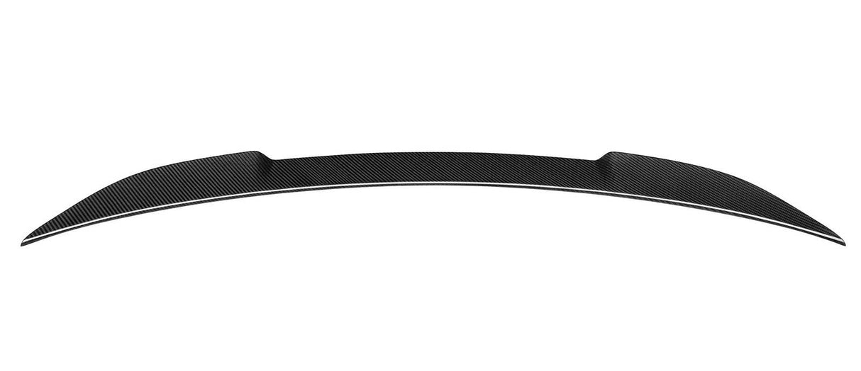 A curved carbon fiber car spoiler, positioned horizontally with tapered ends, displayed against a plain white background.