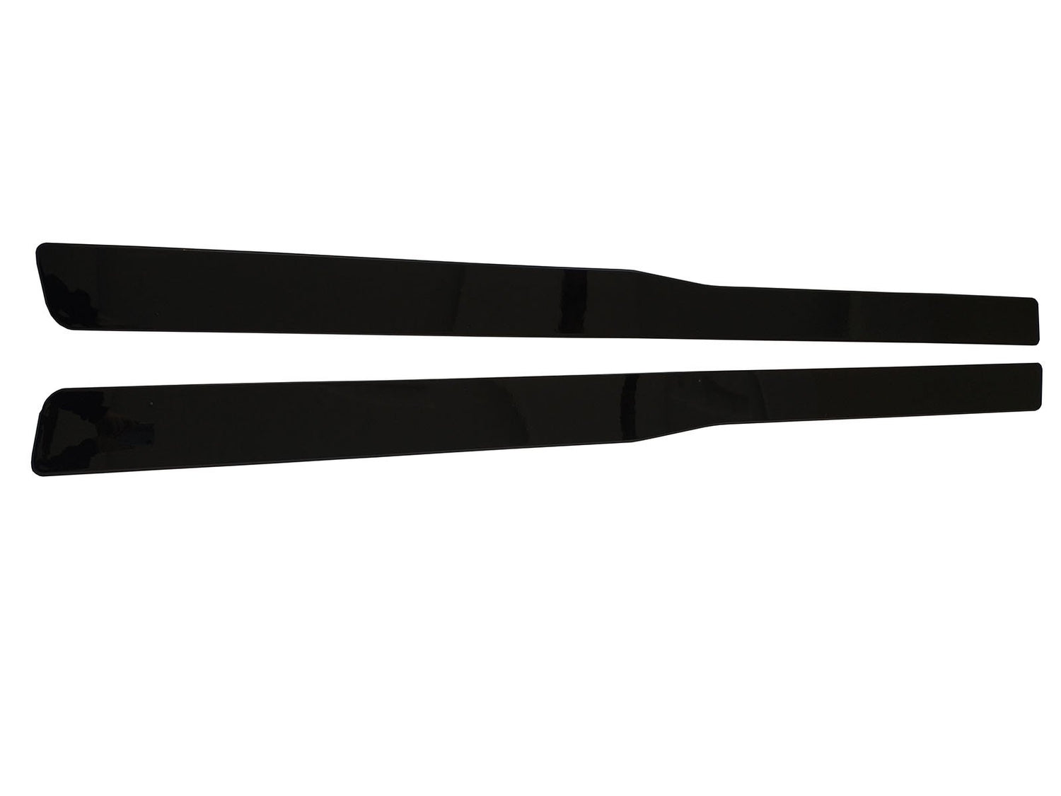 Two black, rectangular helicopter rotor blades lie parallel on a white background, showcasing their sleek, streamlined design and glossy surface.