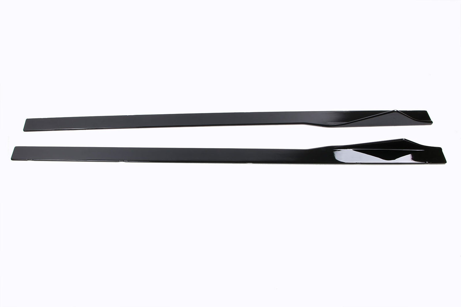 Two elongated, black metal strips lie parallel. Each strip has a slightly raised, angled section, set against a plain white background.
