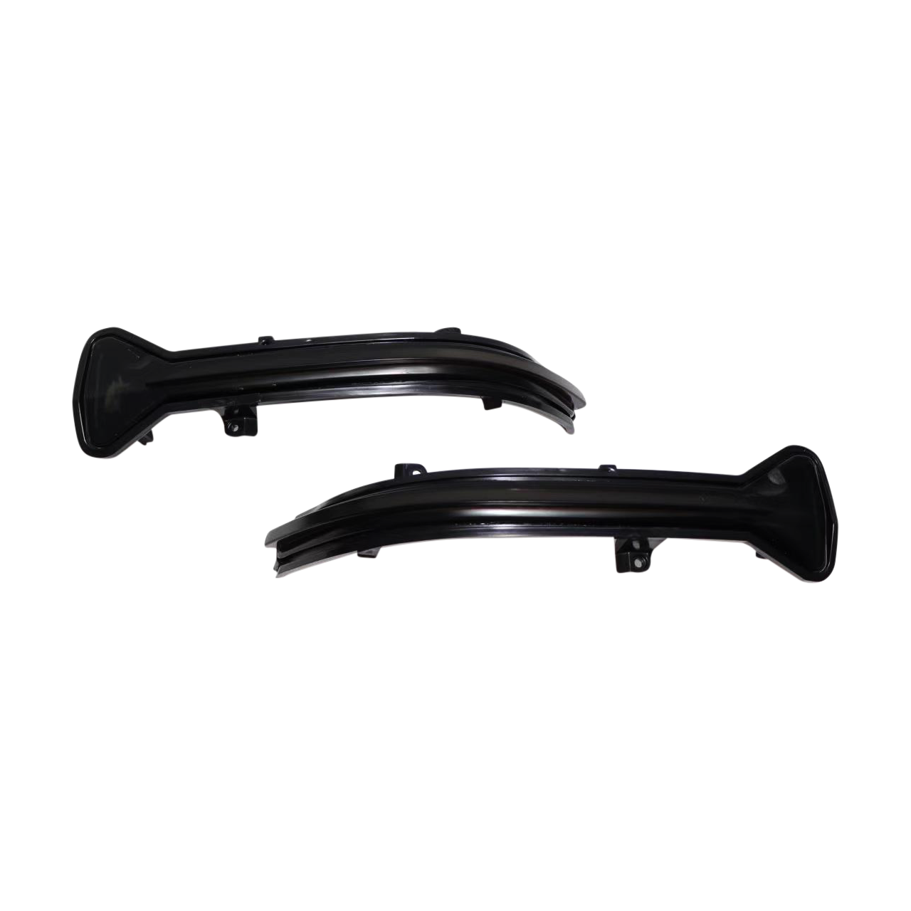 Two black, curved car light covers with attachment points are shown against a plain white background, indicating they are possibly automotive parts for a vehicle.