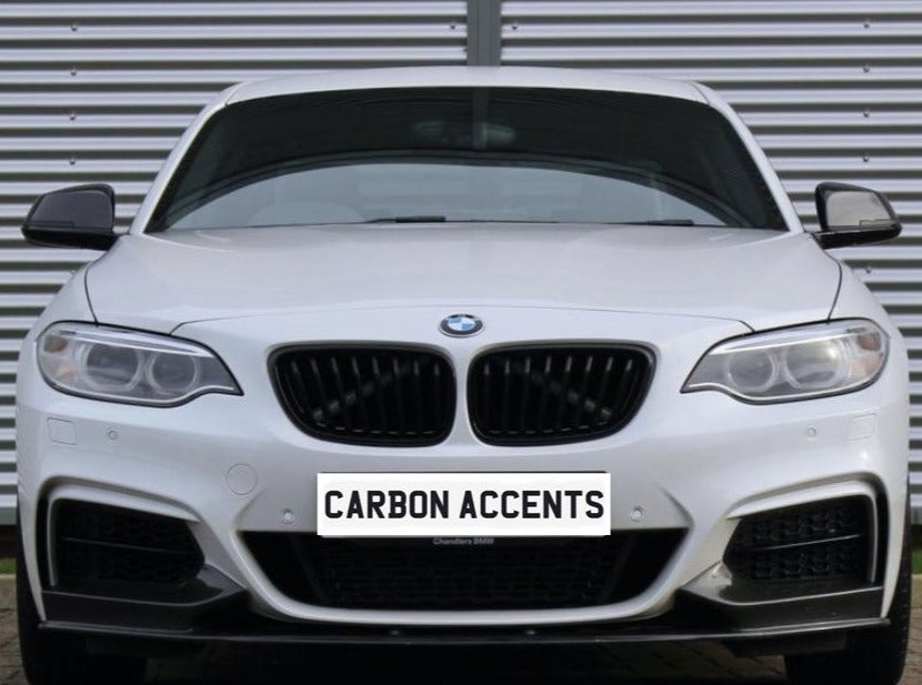 A white BMW car is parked with a focus on its front grille and headlights. The background features corrugated metal. The license plate displays the text "CARBON ACCENTS."