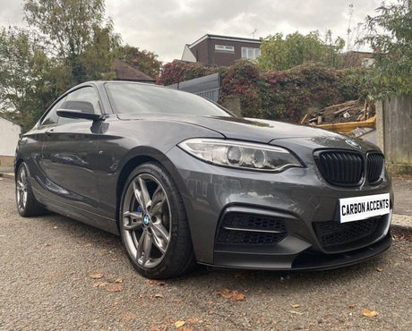 A grey sports car is parked on a driveway surrounded by trees and shrubs, with a license plate reading "CARBON ACCENTS."