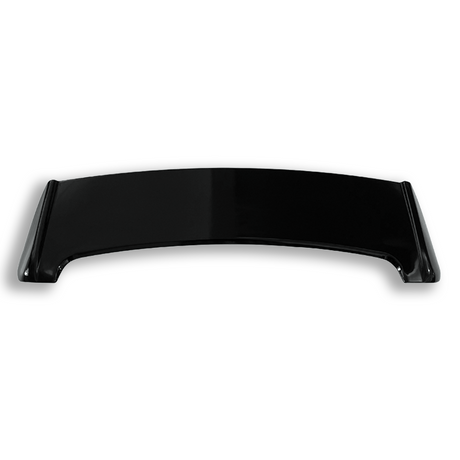 A sleek, black, curved spoiler lies flat against a plain white background, casting a subtle shadow underneath.