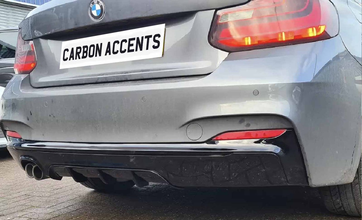 A silver car displays a "CARBON ACCENTS" license plate, featuring dual exhaust pipes and red taillights. It is parked on a textured surface, with a building in the background.