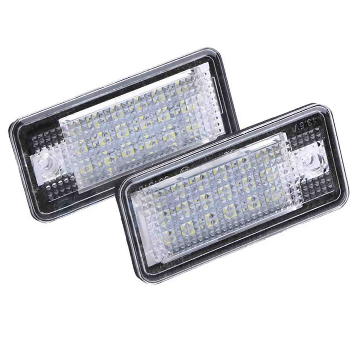 Two rectangular LED lights with a textured surface, positioned overlapping. The units are encased in clear plastic and set against a white background.