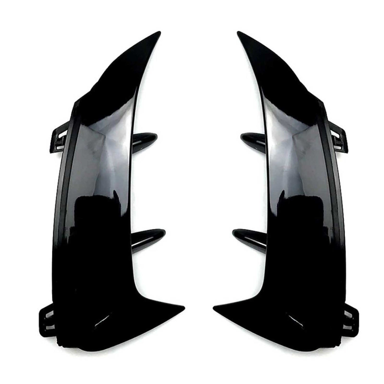 Two glossy black car bumper fins are facing each other, designed to be attached via clips. They are positioned on a plain white background.