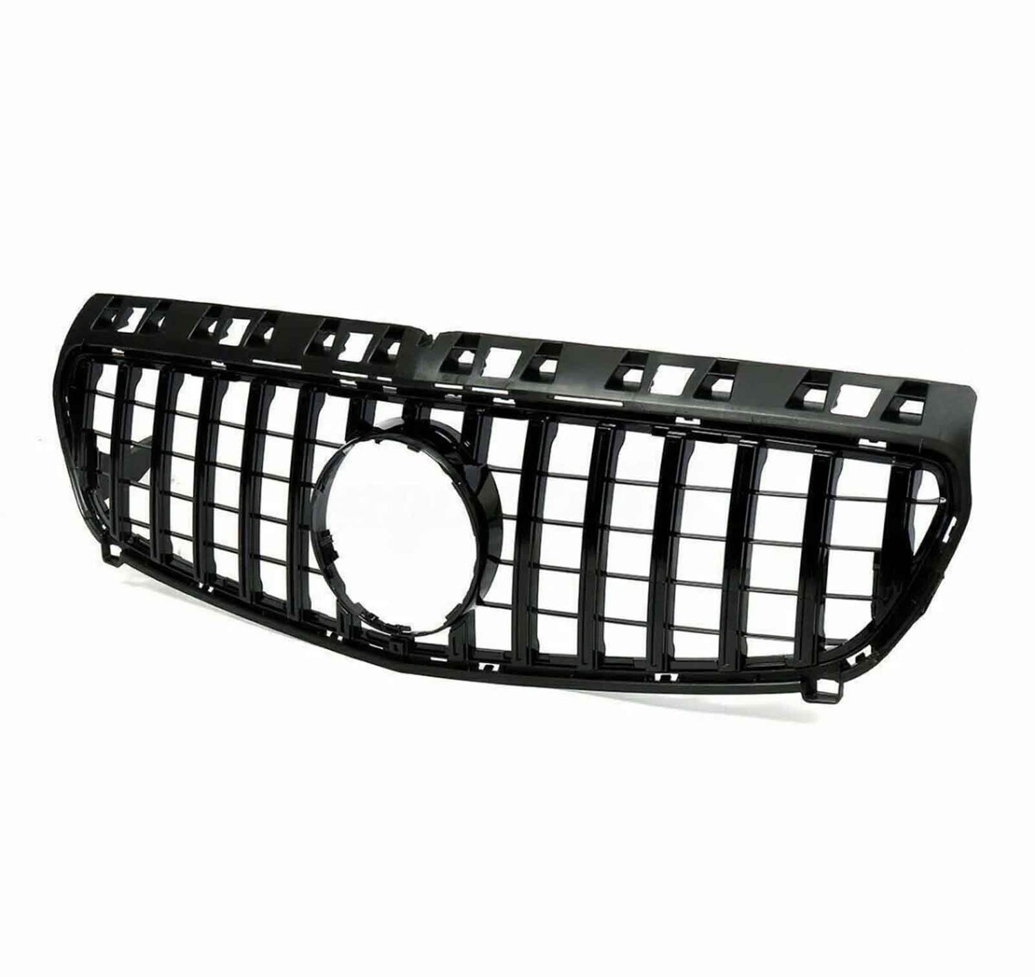 Black car grille with vertical slats and a central circular opening, designed for vehicle front-end installation, against a plain white background.