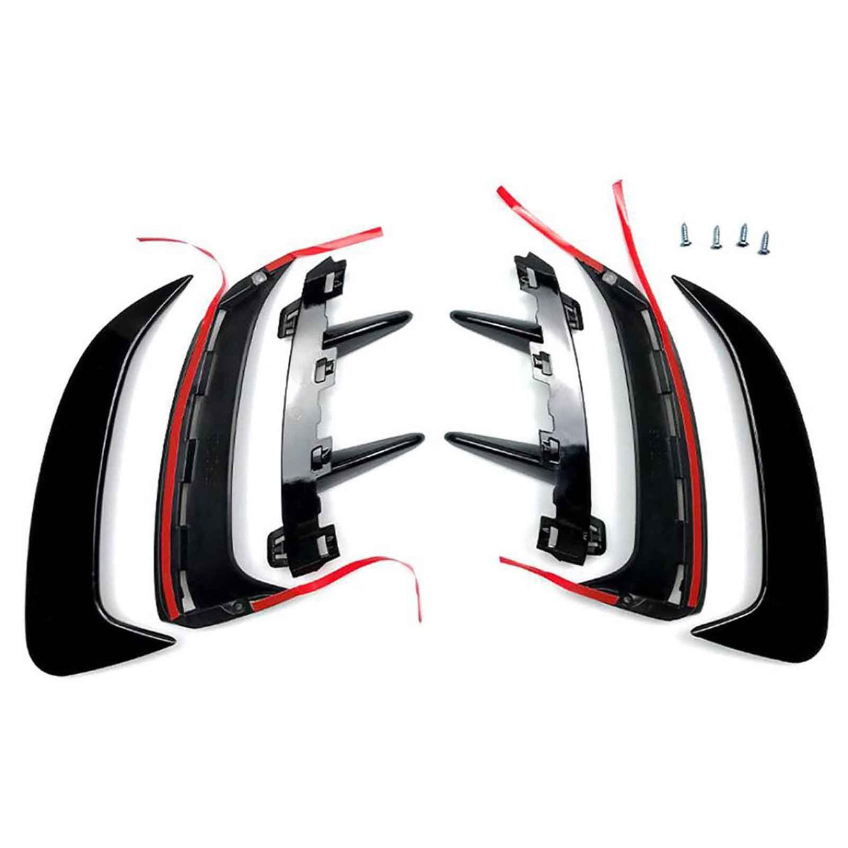 Car spoiler components, disassembled and laid flat, include curved aerodynamic pieces with red adhesive strips and five screws for assembly, presented against a plain white background.