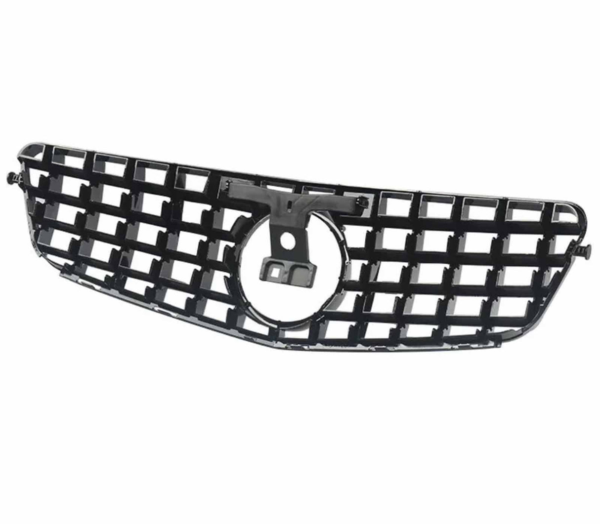 A black, rectangular car grille with a circular center mount is shown, featuring a grid pattern. It's isolated against a white background, highlighting its design details.