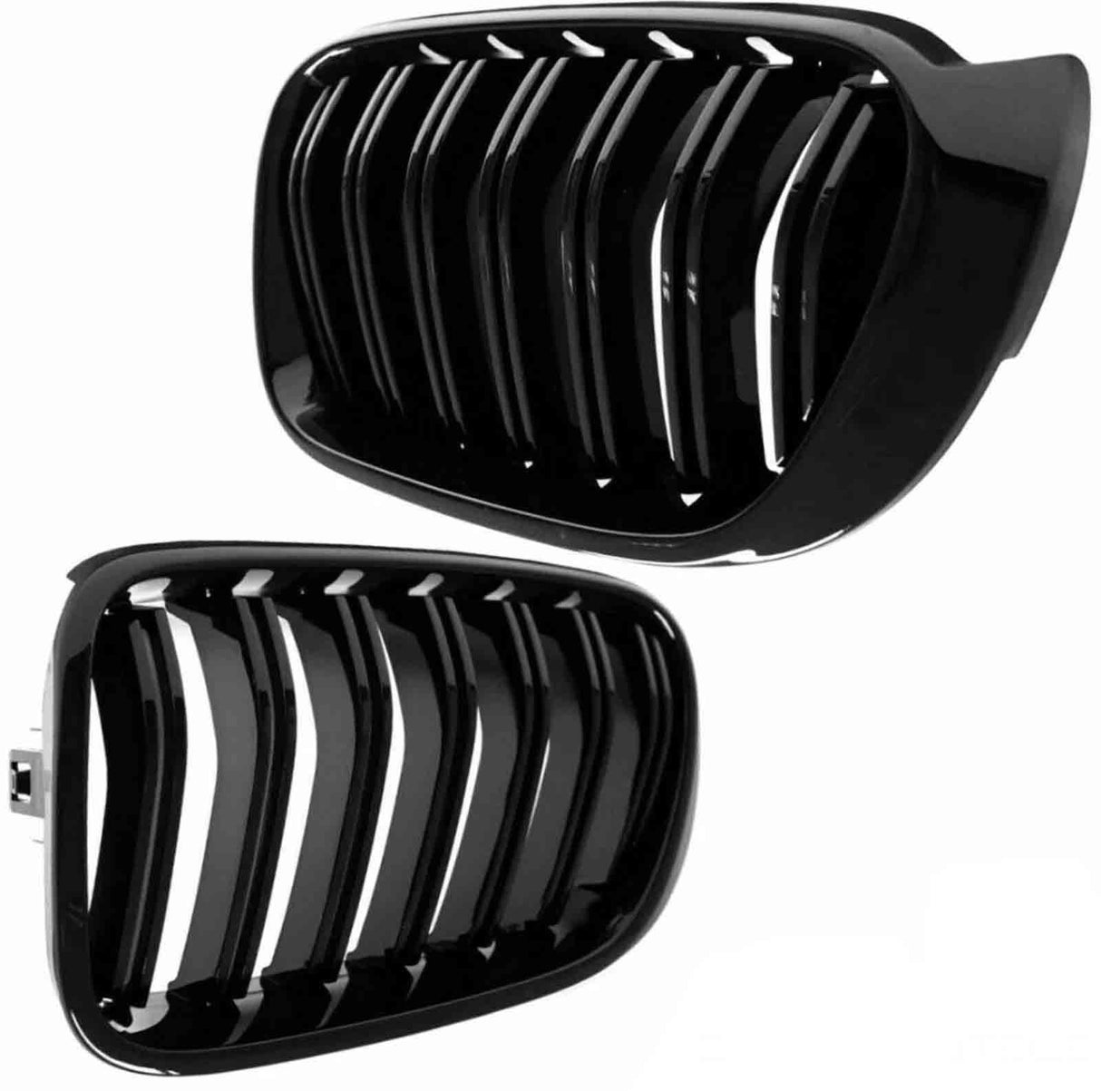 Two glossy black car grilles with vertical slats are positioned diagonally, contrasting against a plain white background. The grilles have a sleek, modern design with shiny reflections.