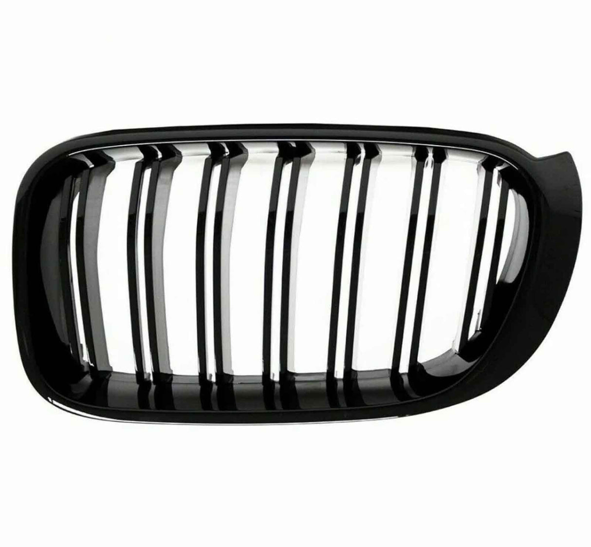 A black car grille with vertical slats, designed for ventilation, is set against a plain white background. The grille has a glossy finish and an oval shape.