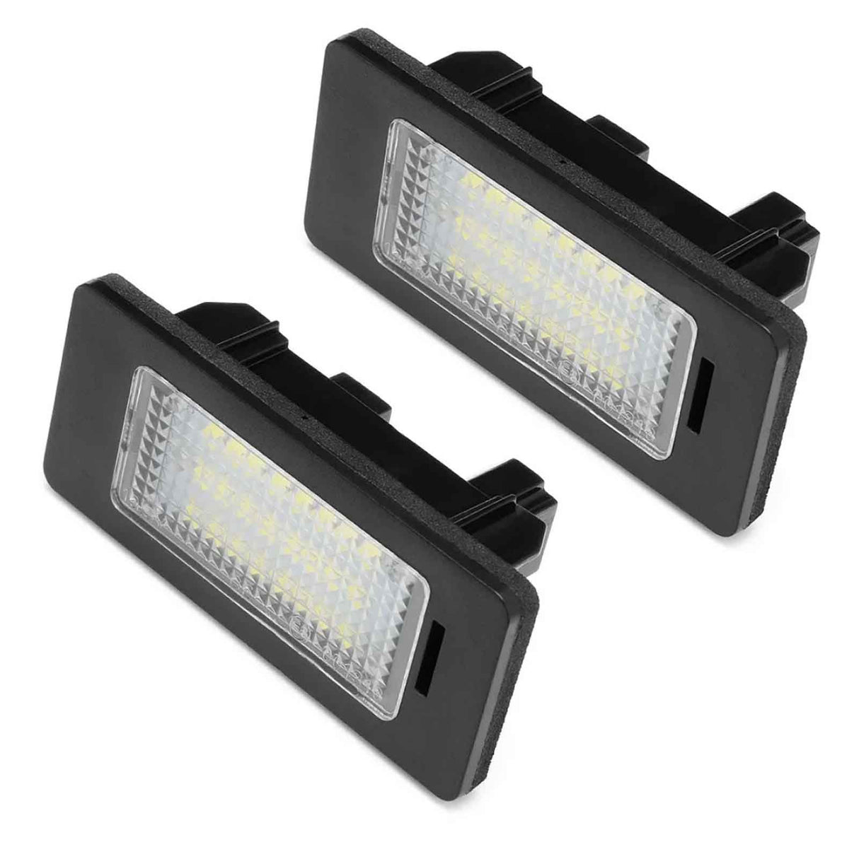 Two rectangular LED car lights, encased in black frames, are positioned at an angle, displaying a grid of yellow diodes. The background is plain white.