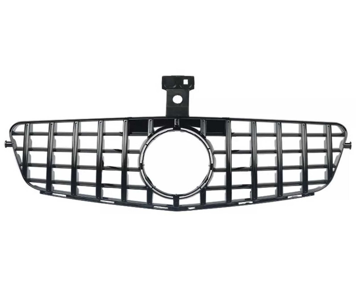 A black car grille with a rectangular grid pattern and central circular opening, positioned horizontally on a white background.