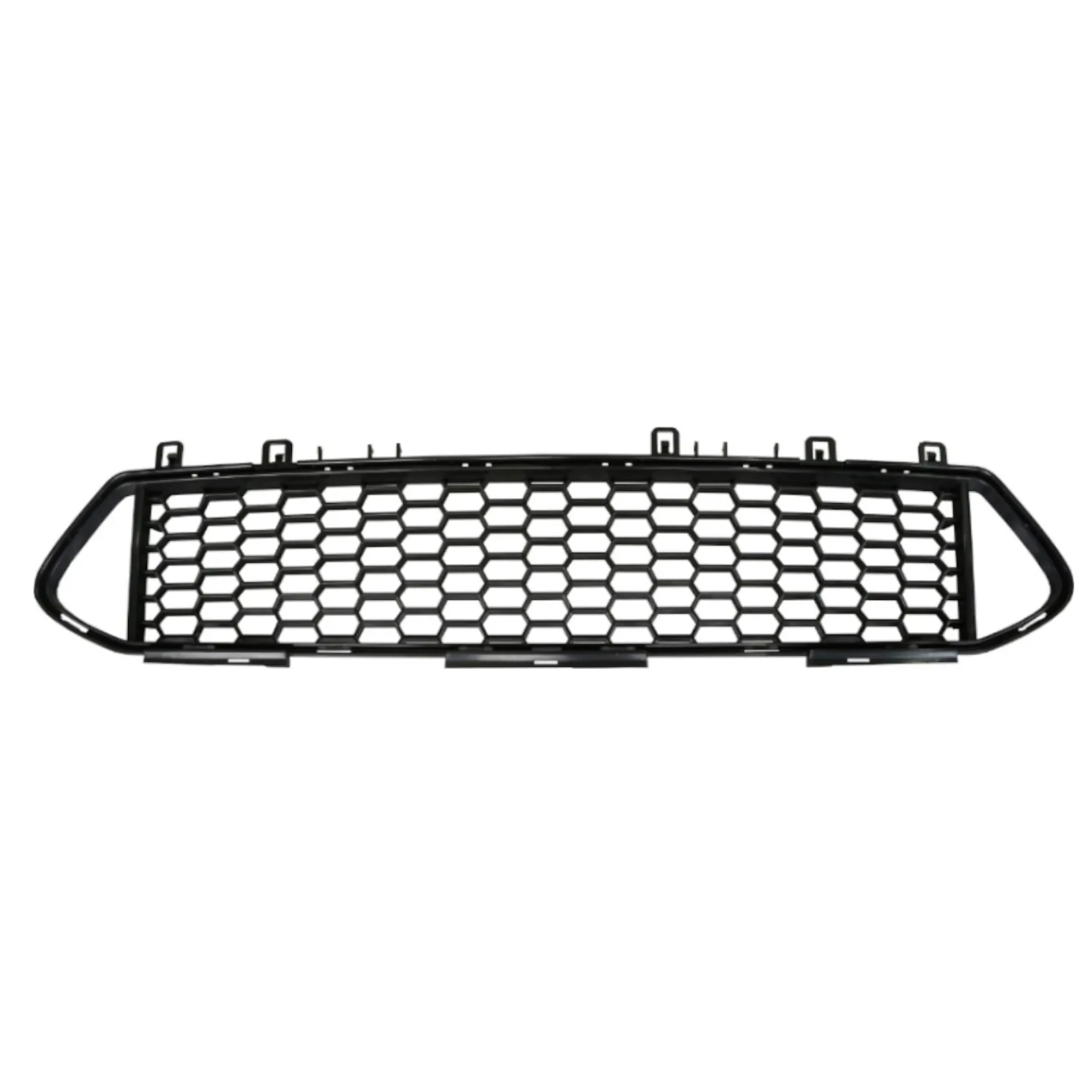 A black car grille with a honeycomb pattern lies flat, surrounded by a plain white background. It features mounting clips along the top edge.
