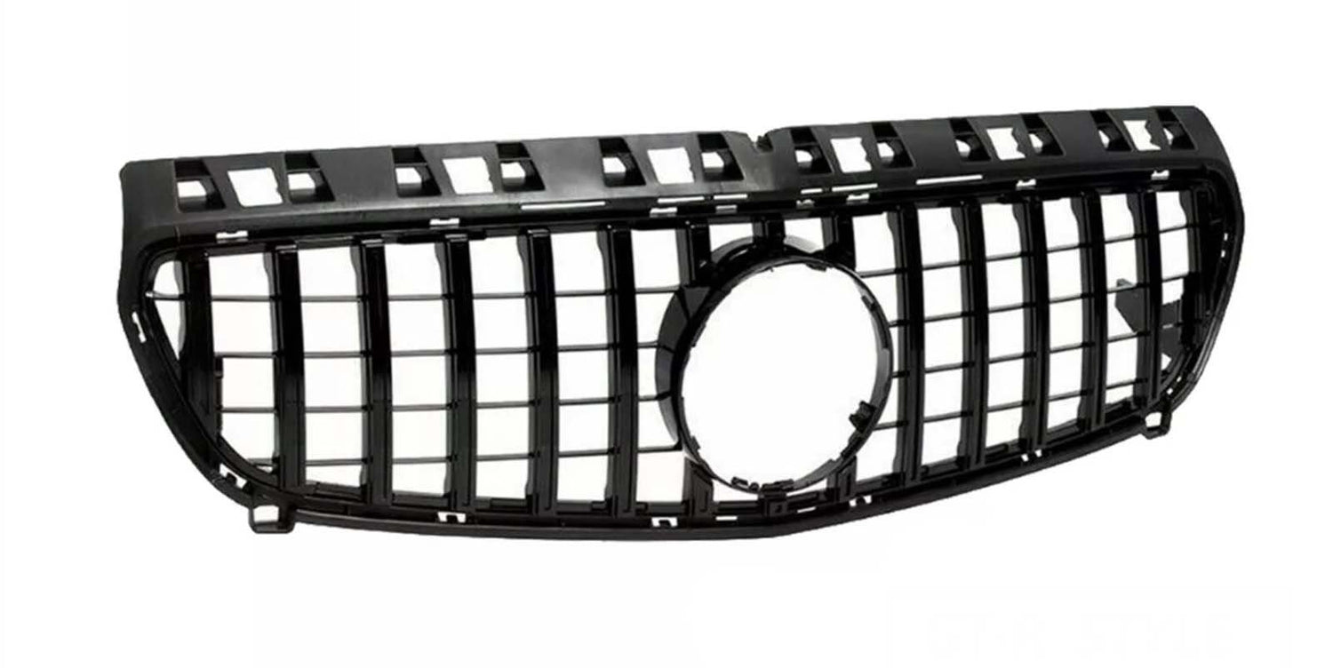 Black car grille with a rectangular grid pattern and a circular emblem space in the center, situated against a plain white background.